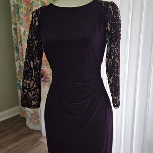 Classic Deep Purple Lauren Ralf Lauren Lace Sleeve Dress With Side Ruching,